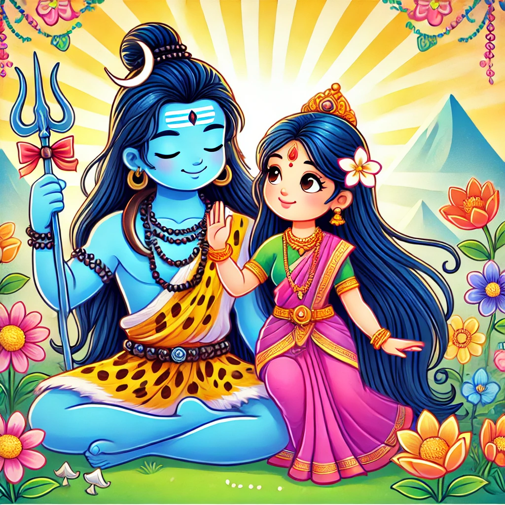 A-vibrant-cartoon-image-of-Lord-Shiva-and-Goddess-Parvati-depicted-in-a-playful-and-loving-scene.-Lord-Shiva-has-blue-skin-long-hair-and-holds-a-tr