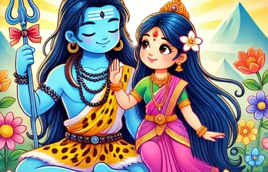 A-vibrant-cartoon-image-of-Lord-Shiva-and-Goddess-Parvati-depicted-in-a-playful-and-loving-scene.-Lord-Shiva-has-blue-skin-long-hair-and-holds-a-tr